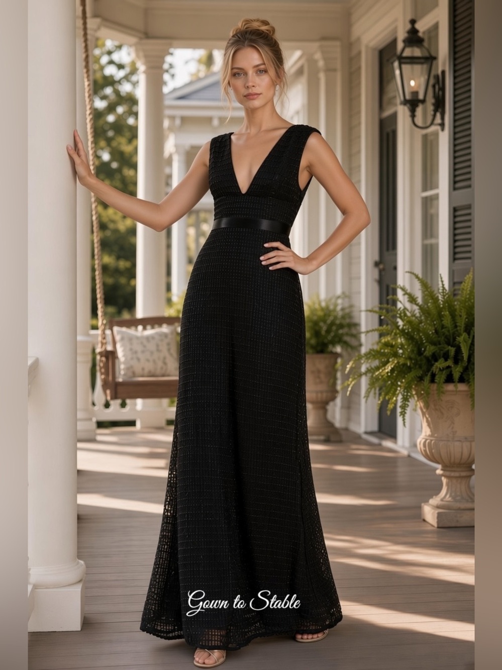 Mac Duggal 5625 Black Beaded Cap Sleeve V Neck Column Gown
